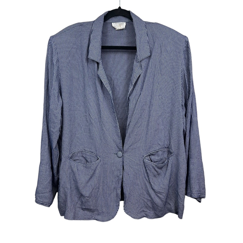 Stefano Worldwide Womens Blazer Stripe Blue White 1 Button Pockets Padded XXL*